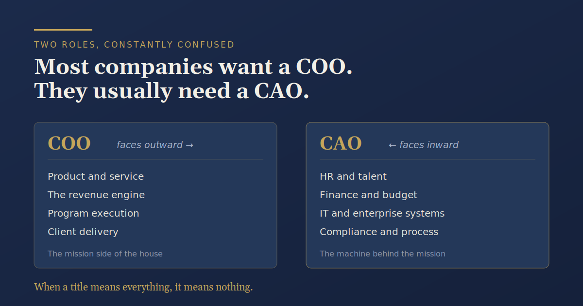 Two columns contrasting the COO, which faces outward to product, revenue, and delivery, with the CAO, which faces inward to HR, finance, IT, and compliance.